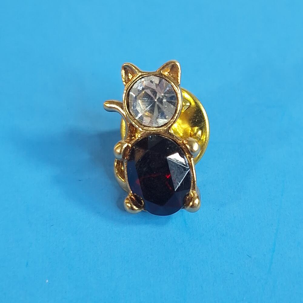 Gold Tone Cat Lapel Pin Faux Ruby Red Stone Clear Rhinestone Figural Jewelry